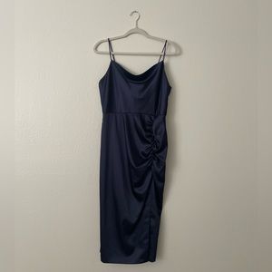 Betsy & Adam Navy Satin Slit Dress